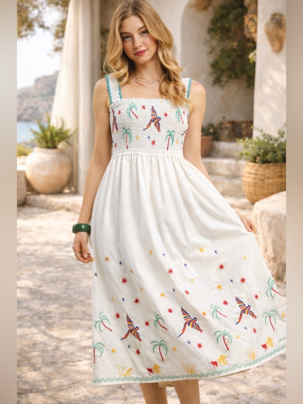 #186 New! Embroidered Cotton Stunning Maxi Smocked Dress